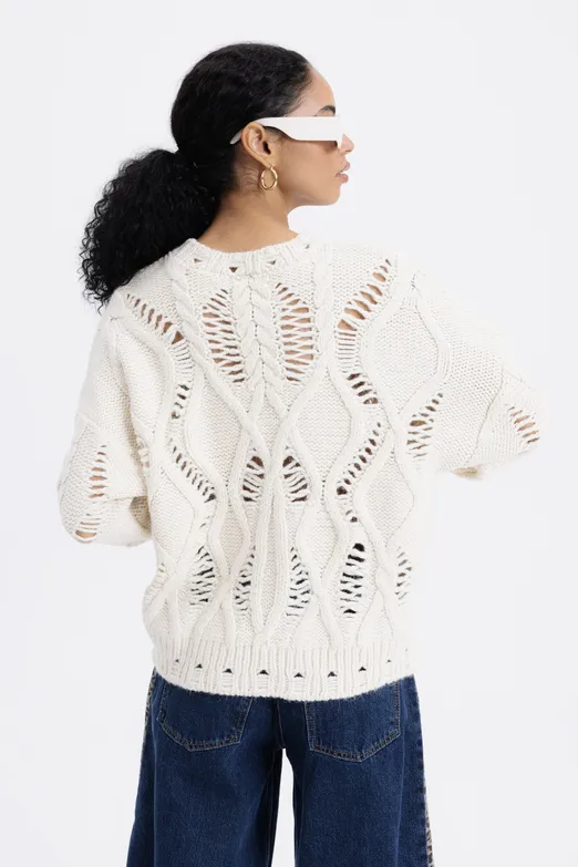 Bayan Ekru Ajur Desenli Kazak - BSL