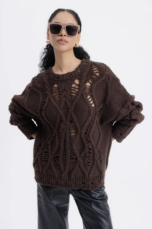 Bayan Kahverengi Ajur Desenli Kazak - BSL