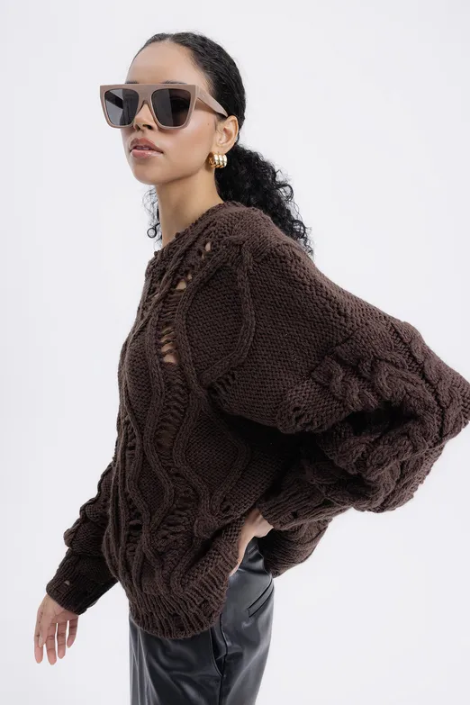 Bayan Kahverengi Ajur Desenli Kazak - BSL