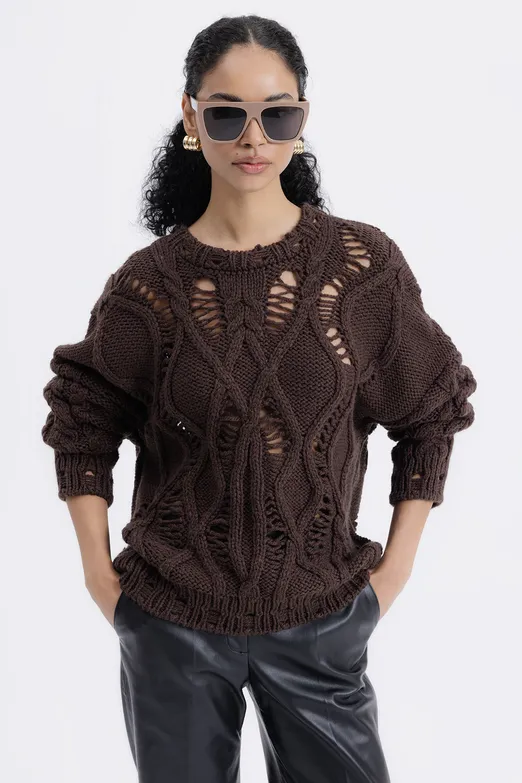 Bayan Kahverengi Ajur Desenli Kazak - BSL