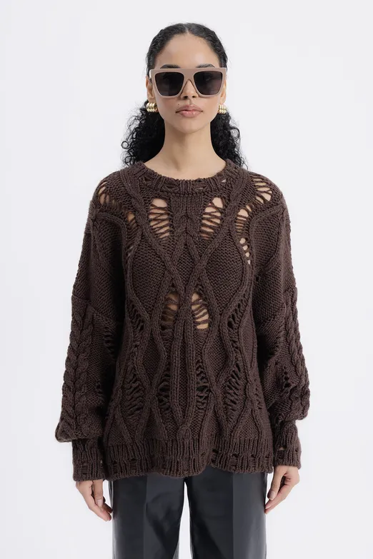 Bayan Kahverengi Ajur Desenli Kazak - BSL