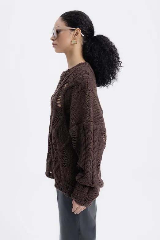 Bayan Kahverengi Ajur Desenli Kazak - BSL