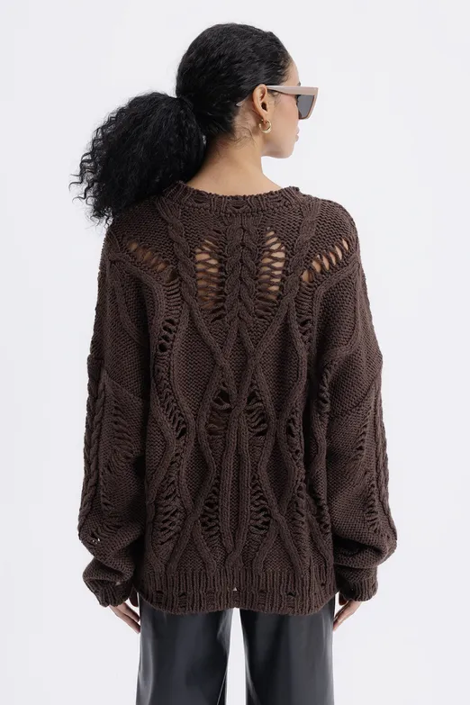 Bayan Kahverengi Ajur Desenli Kazak - BSL