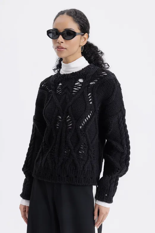 Bayan Siyah Ajur Desenli Kazak - BSL