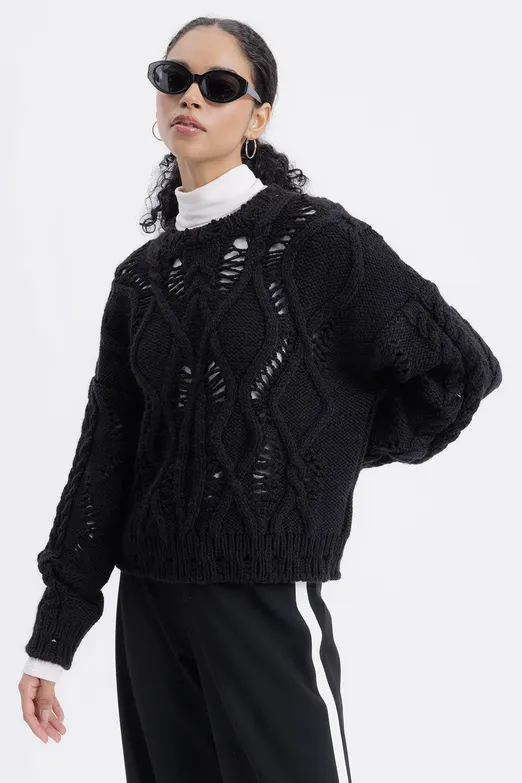 Bayan Siyah Ajur Desenli Kazak - BSL