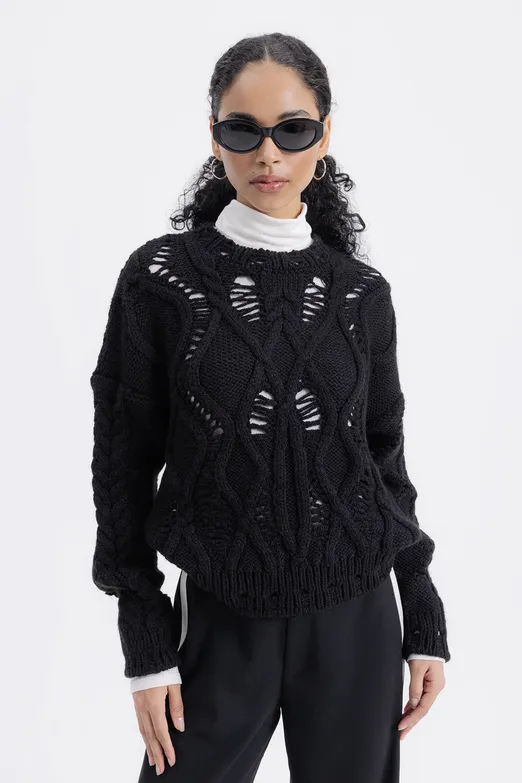 Bayan Siyah Ajur Desenli Kazak - BSL