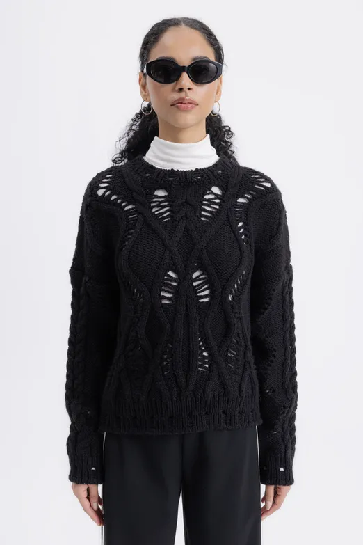 Bayan Siyah Ajur Desenli Kazak - BSL