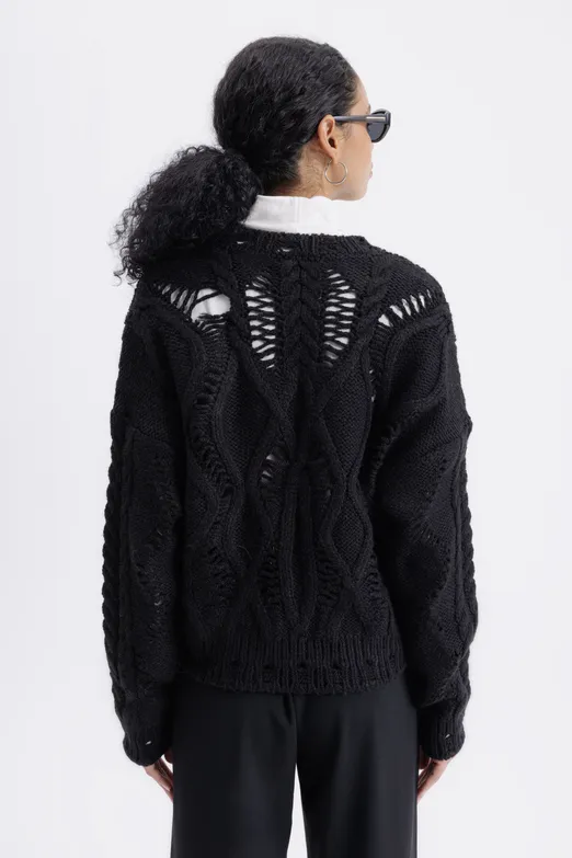 Bayan Siyah Ajur Desenli Kazak - BSL