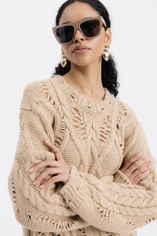 Bayan Kahverengi Ajur Desenli Kazak - BSL