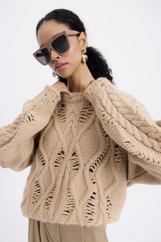 Bayan Kahverengi Ajur Desenli Kazak - BSL