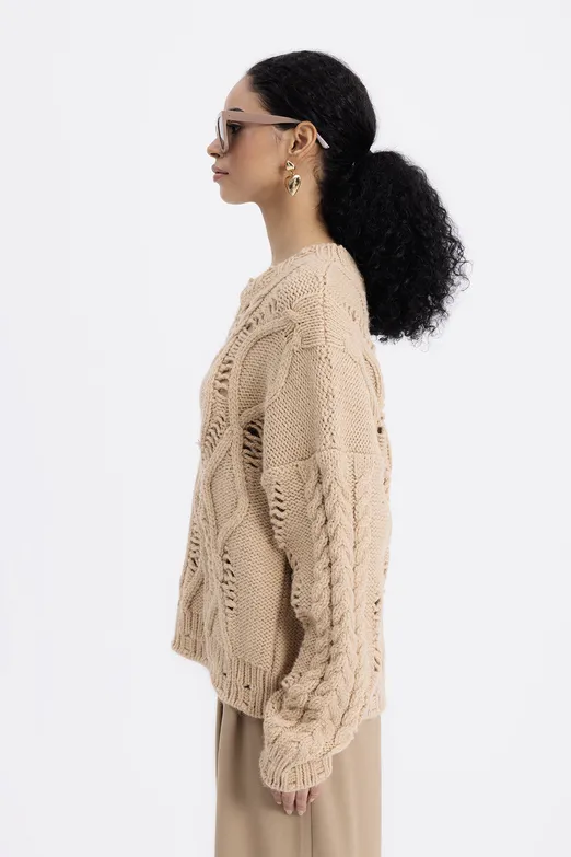 Bayan Kahverengi Ajur Desenli Kazak - BSL