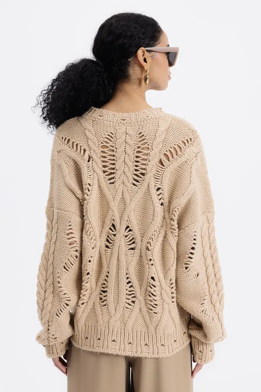 Bayan Kahverengi Ajur Desenli Kazak - BSL