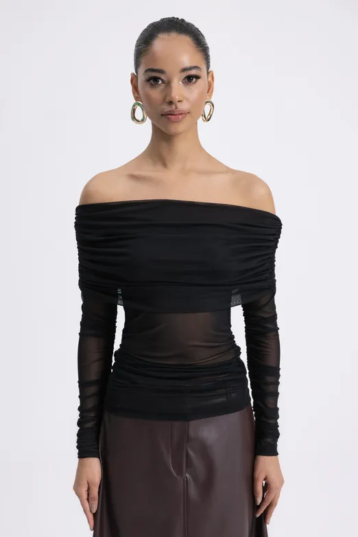 Bayan Siyah Madonna Yakalı Tül Top - BSL