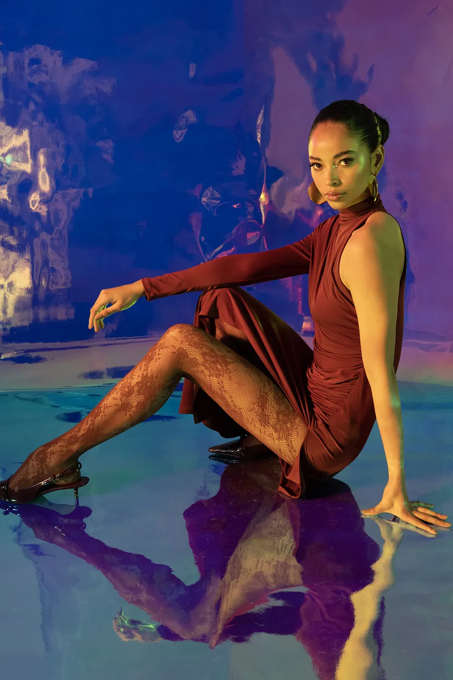 Bayan Bordo Drapeli Tek Kol Detaylı Midi Elbise