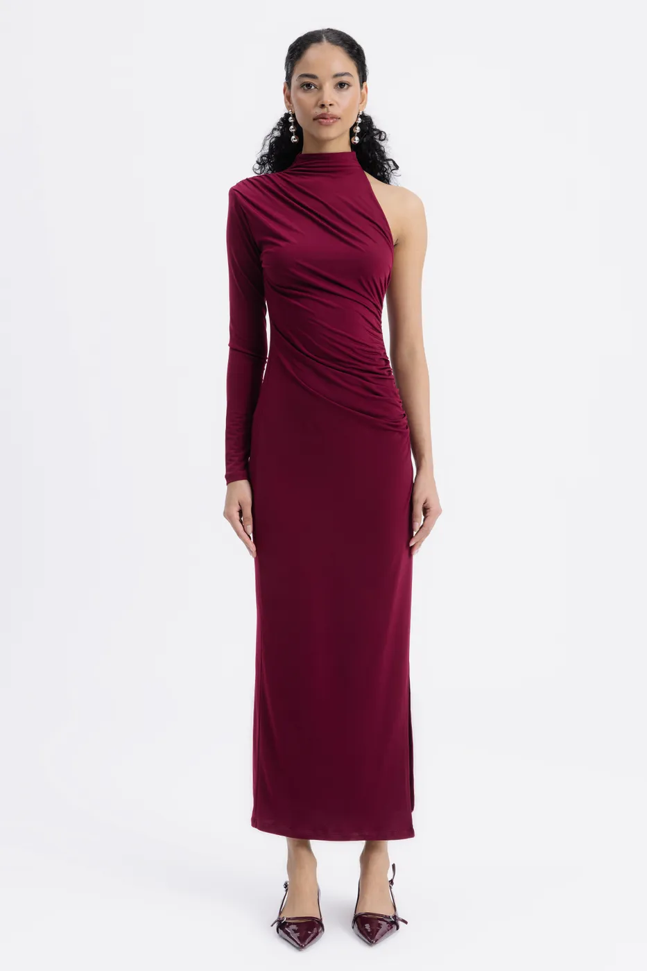Bayan Bordo Drapeli Tek Kol Detaylı Midi Elbise