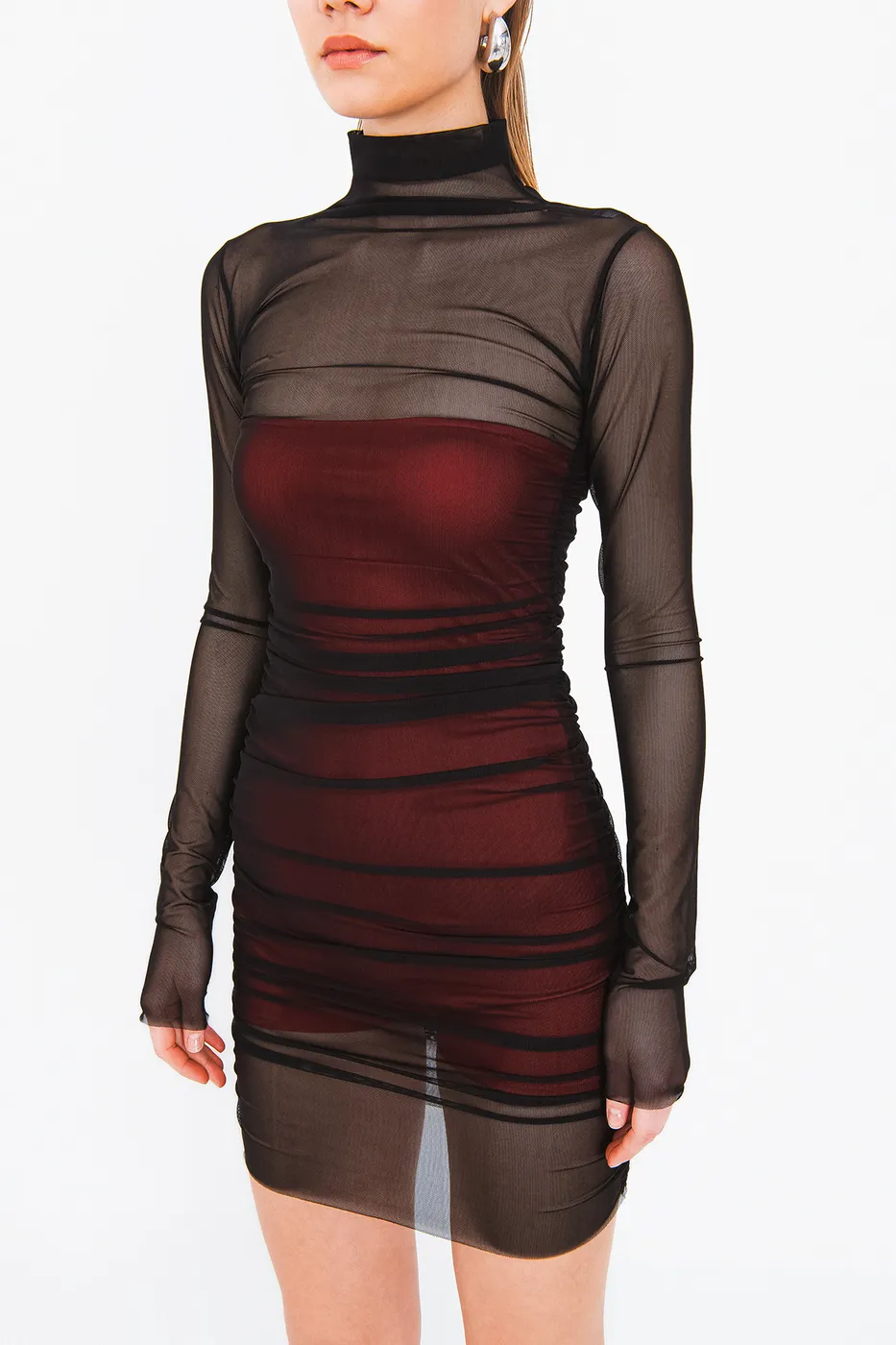 Bayan Kırmızı Drapeli Mini Tül Elbise