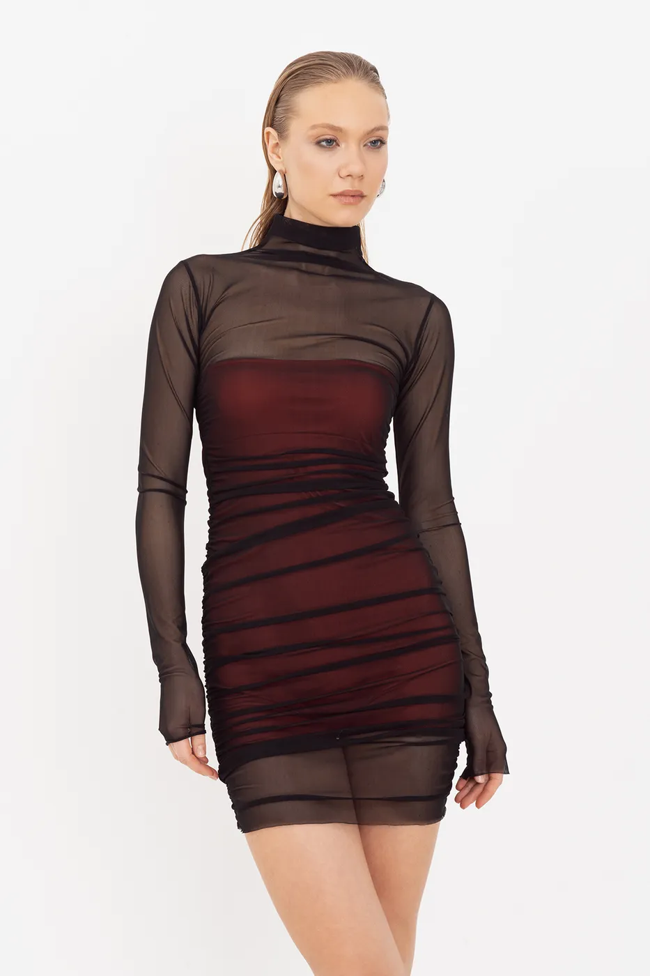 Bayan Kırmızı Drapeli Mini Tül Elbise