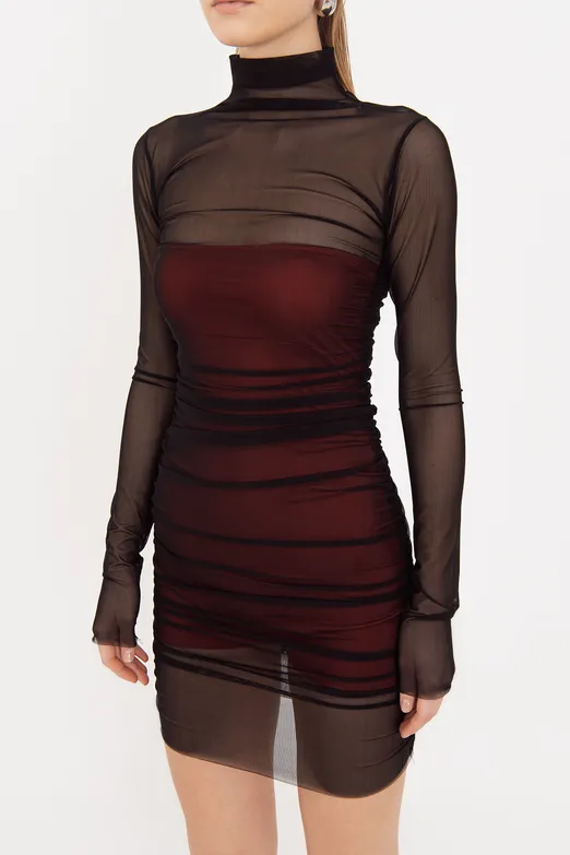 Bayan Kırmızı Drapeli Mini Tül Elbise - BSL