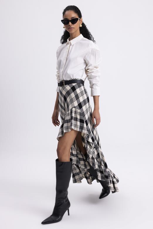 Bayan  Ekoseli Asimetrik Fırfırlı  Midi Etek