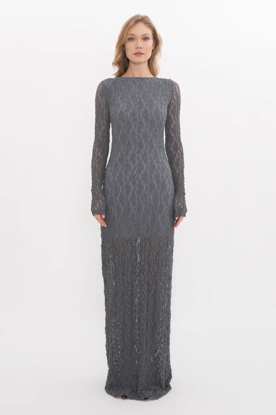 Bayan Gri Sırt Dekolteli Dantel Maksi Elbise