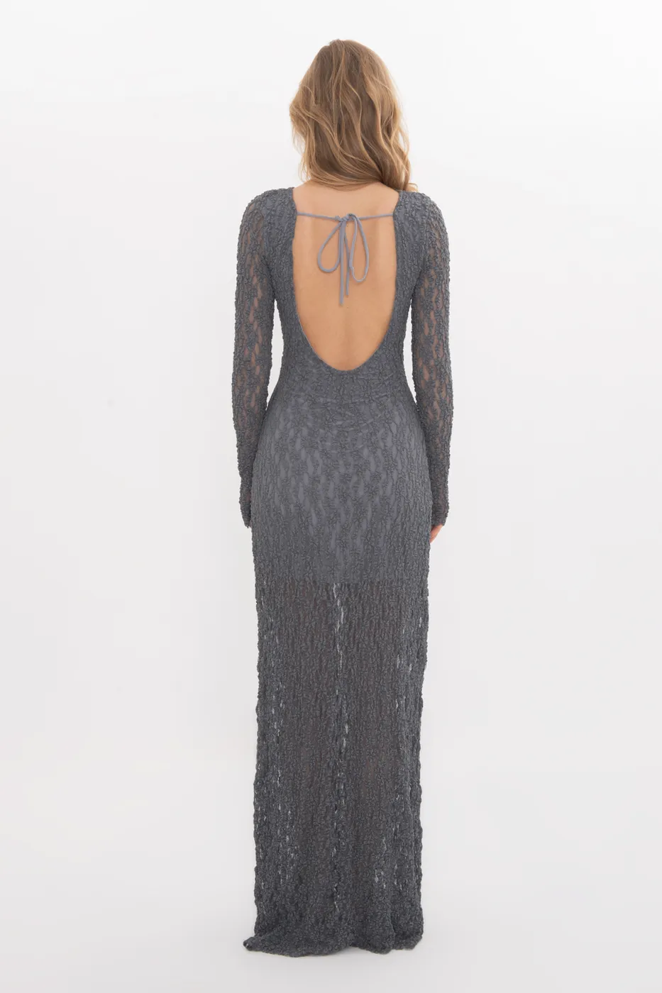 Bayan Gri Sırt Dekolteli Dantel Maksi Elbise