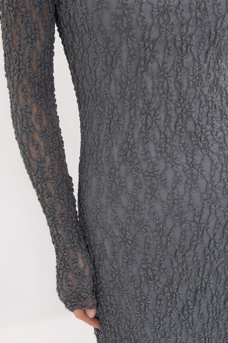 Bayan Gri Sırt Dekolteli Dantel Maksi Elbise