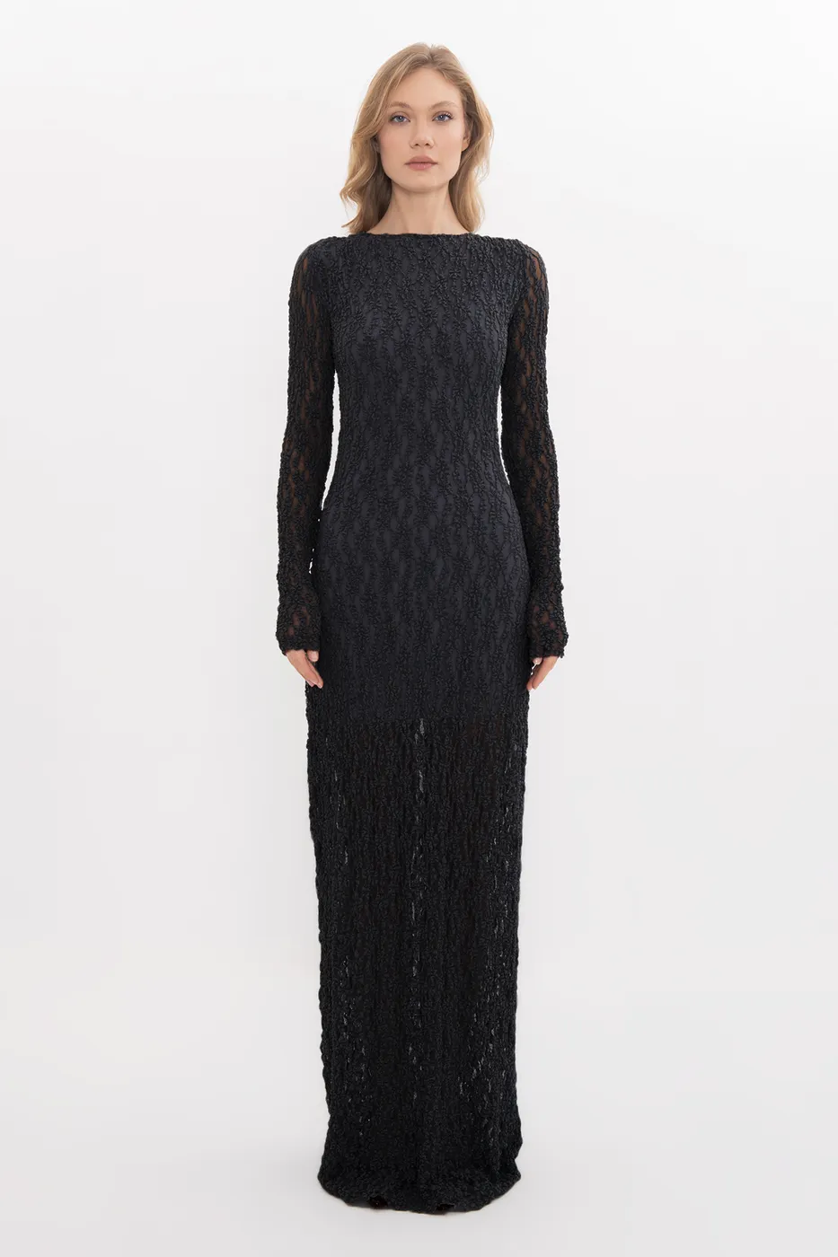 Bayan Siyah Sırt Dekolteli Dantel Maksi Elbise