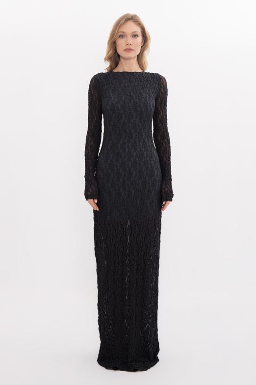 Sırt Dekolteli Dantel Maksi Elbise