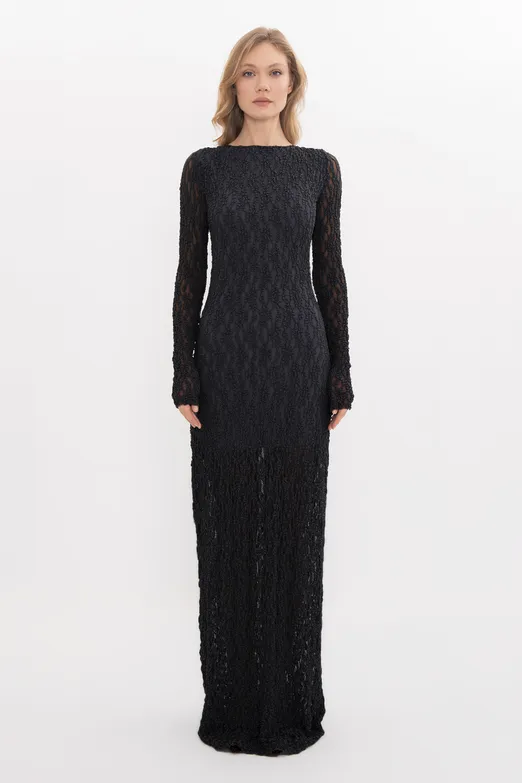 Bayan Siyah Sırt Dekolteli Dantel Maksi Elbise - BSL