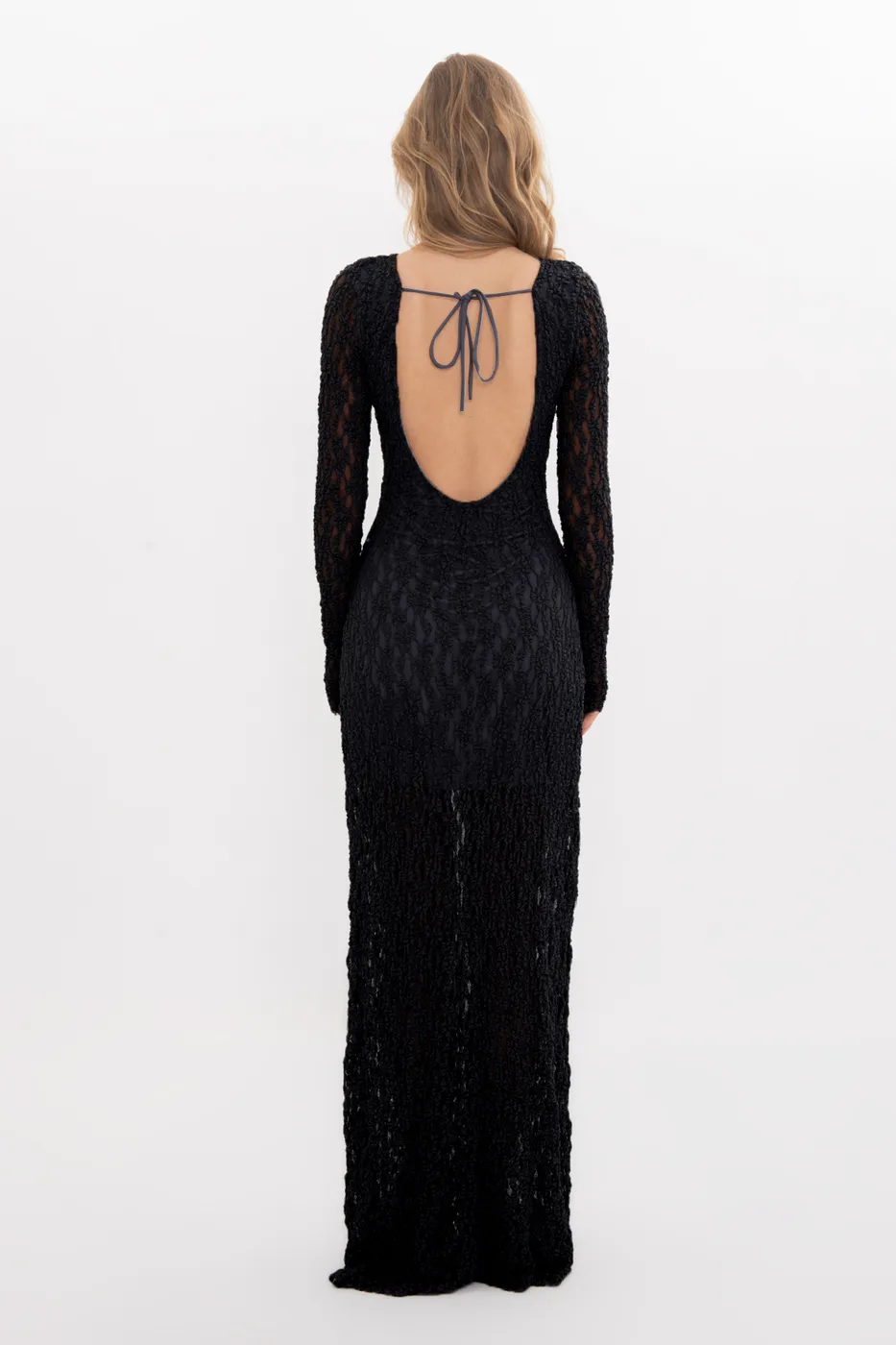 Bayan Siyah Sırt Dekolteli Dantel Maksi Elbise