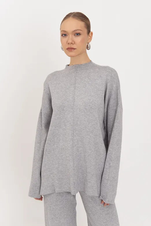 Bayan Gri Dik Yaka Detaylı Oversize Örgü Kazak - BSL