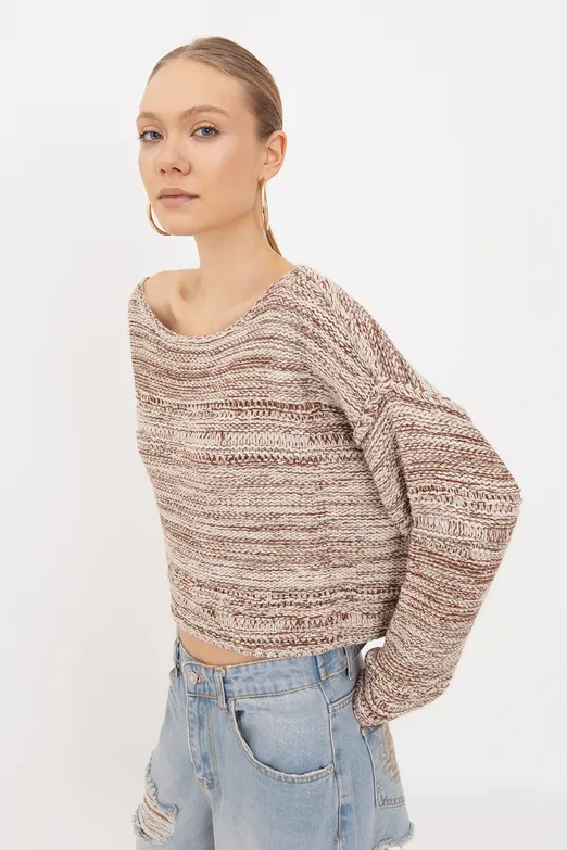 Bayan Ekru Oversize Kayık Yakalı Kazak - BSL