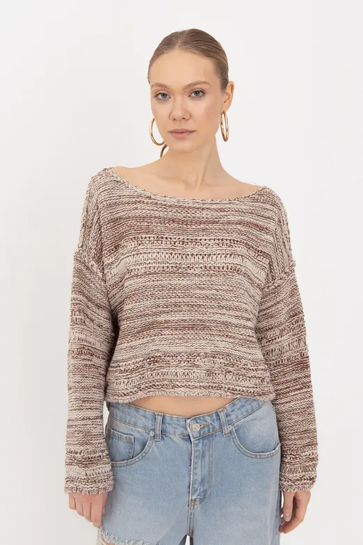 Bayan Ekru Oversize Kayık Yakalı Kazak - BSL