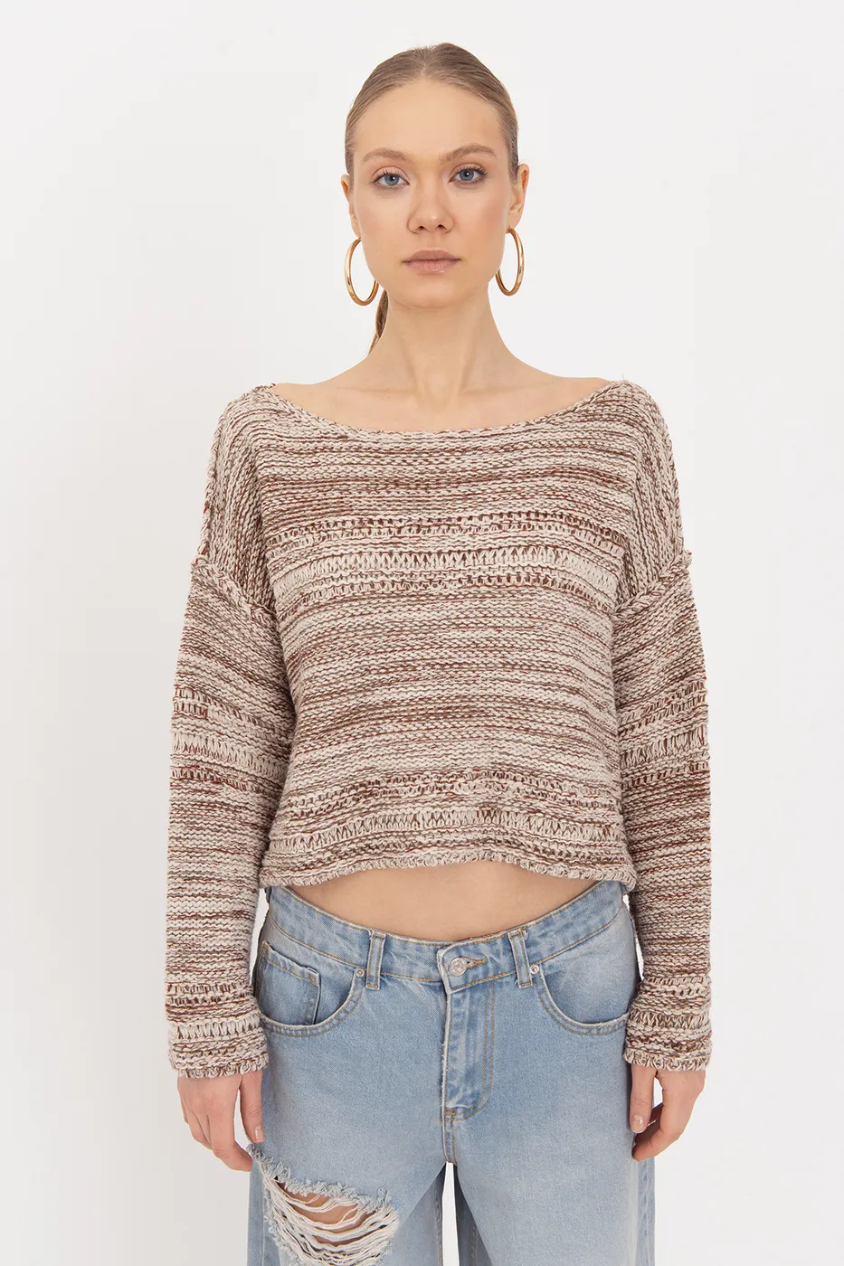 Bayan Ekru Oversize Kayık Yakalı Kazak