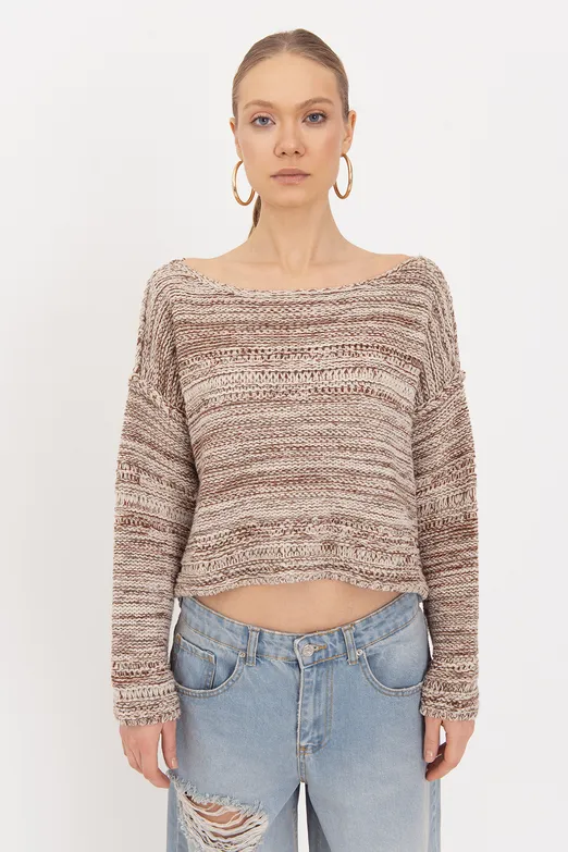 Bayan Ekru Oversize Kayık Yakalı Kazak - BSL