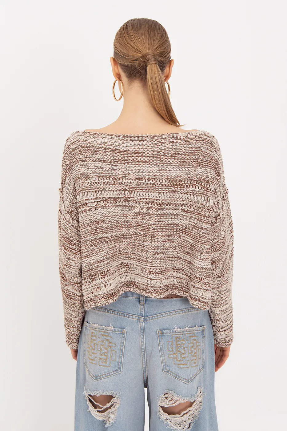 Bayan Ekru Oversize Kayık Yakalı Kazak