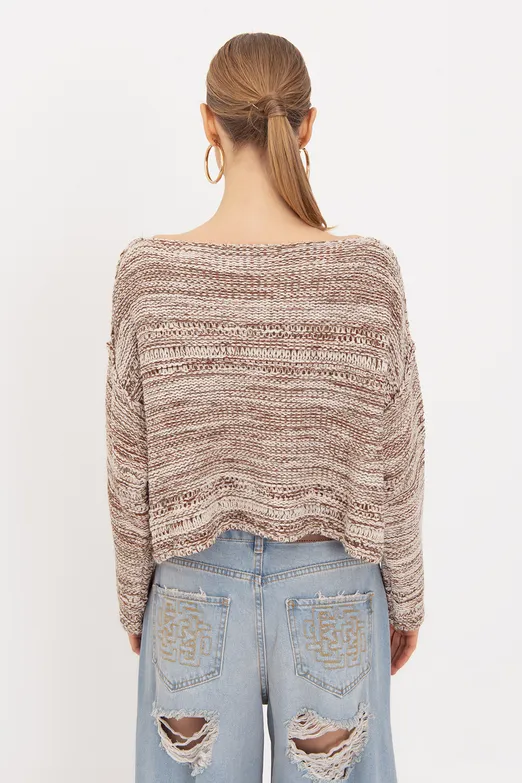 Bayan Ekru Oversize Kayık Yakalı Kazak - BSL