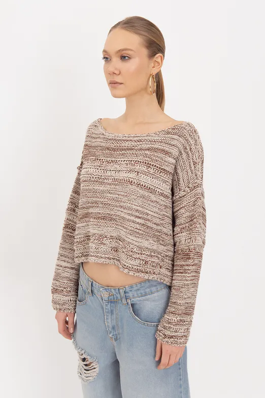 Bayan Ekru Oversize Kayık Yakalı Kazak - BSL