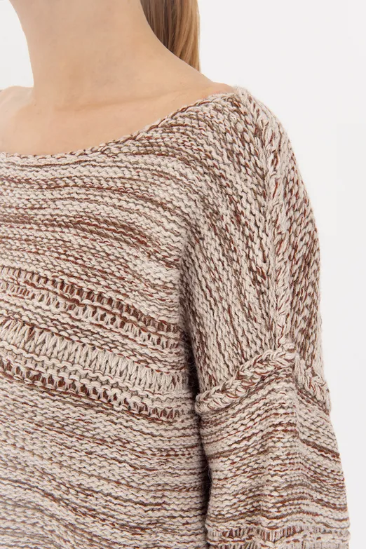 Bayan Ekru Oversize Kayık Yakalı Kazak - BSL