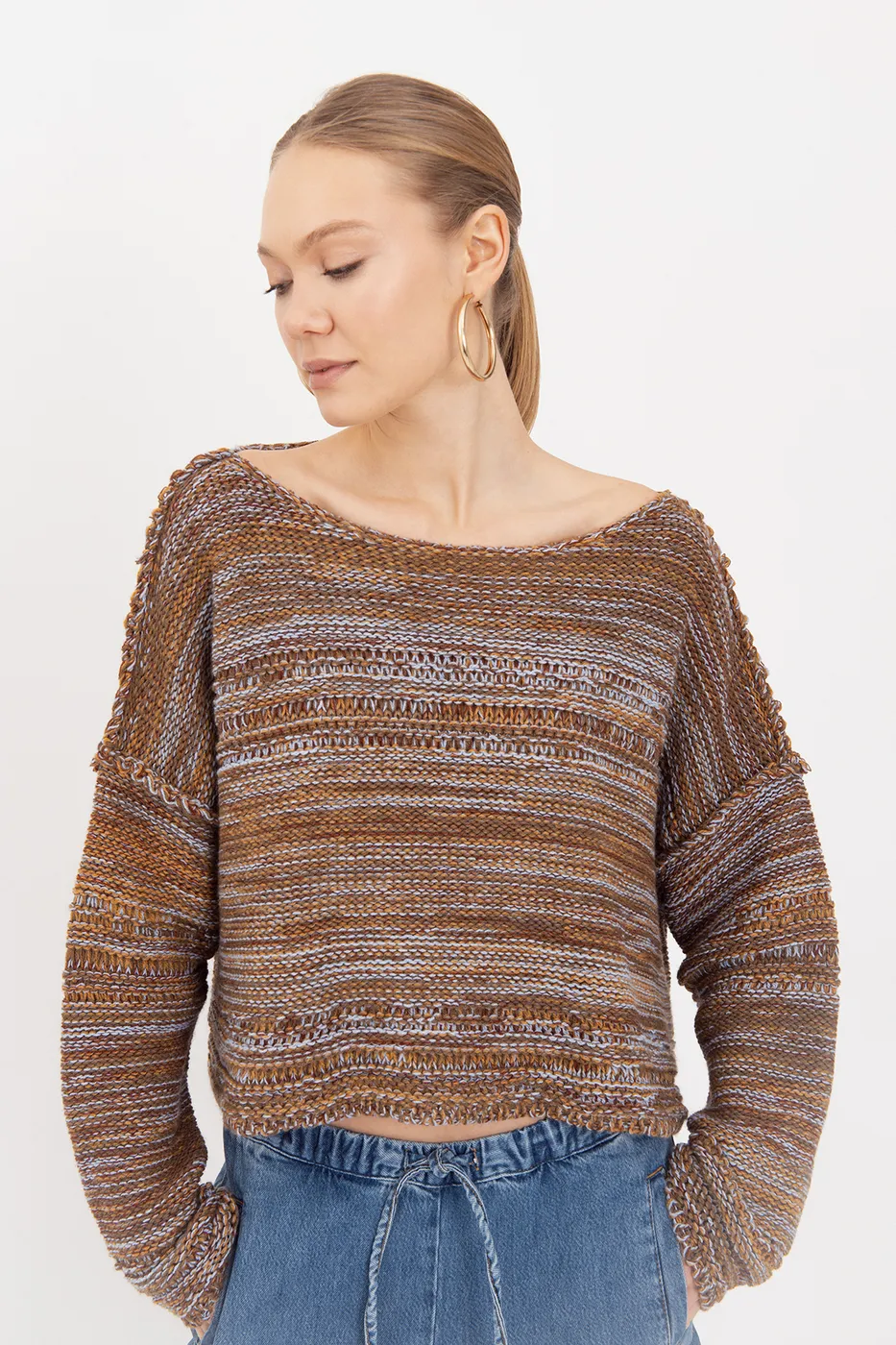 Bayan Kahverengi Oversize Kayık Yakalı Kazak