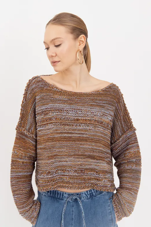 Bayan Kahverengi Oversize Kayık Yakalı Kazak - BSL