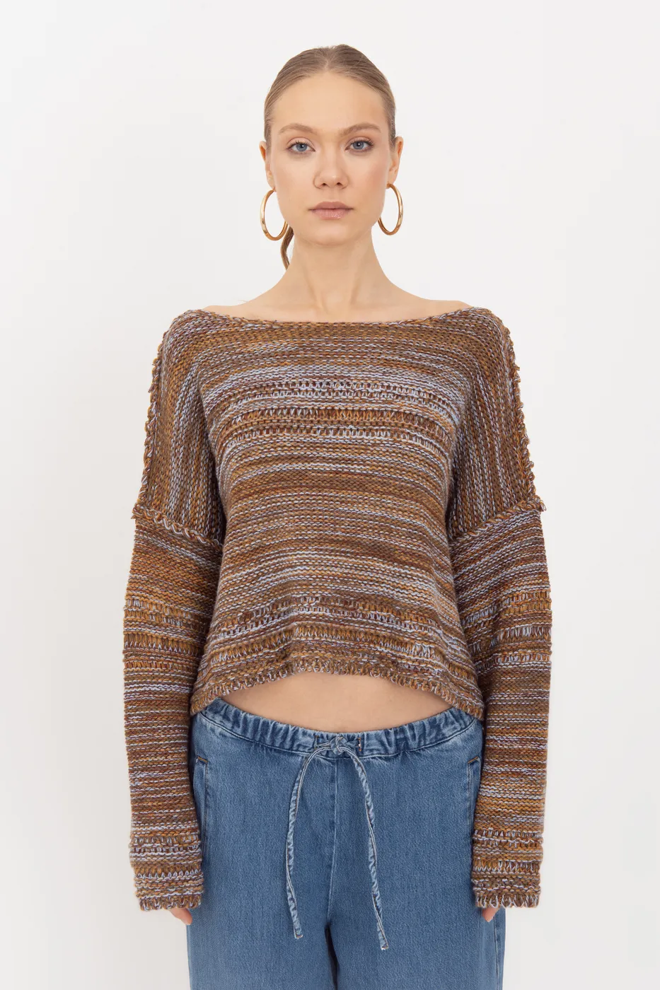 Bayan Kahverengi Oversize Kayık Yakalı Kazak