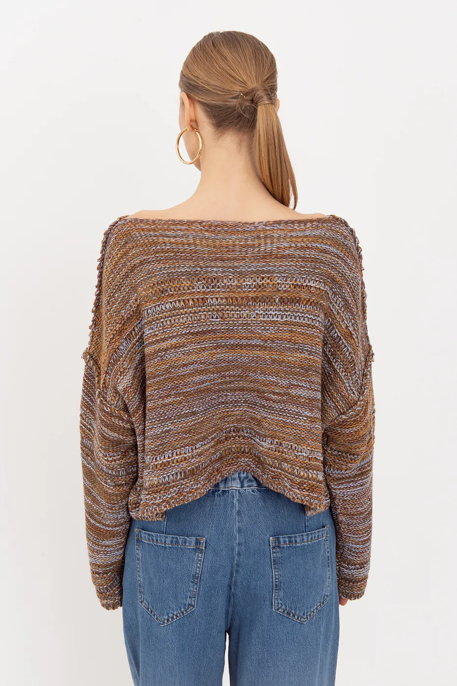 Bayan Kahverengi Oversize Kayık Yakalı Kazak