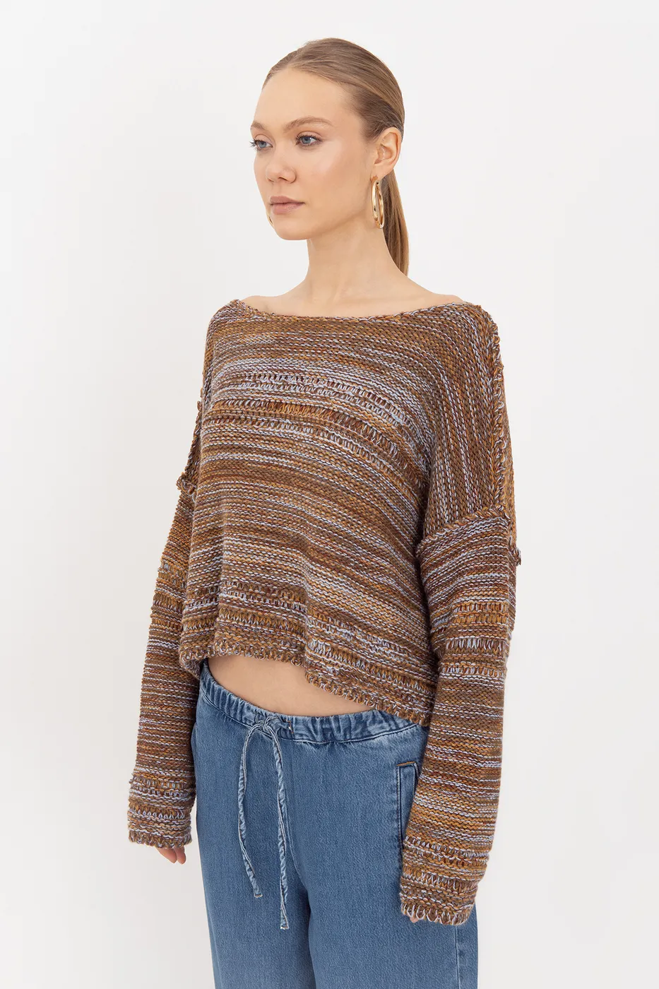 Bayan Kahverengi Oversize Kayık Yakalı Kazak