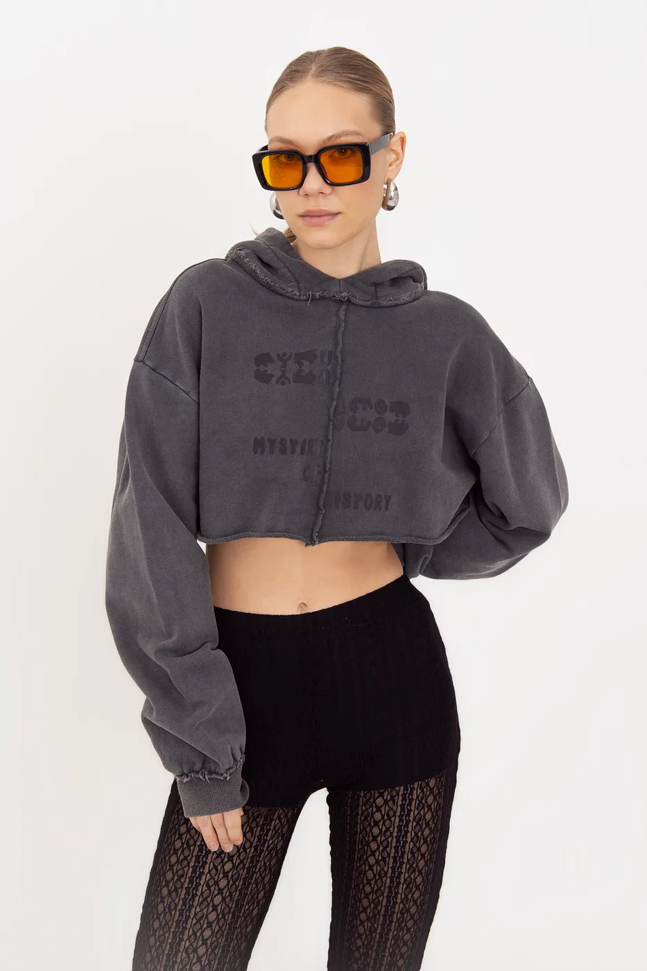 Bayan Antrasit Kapişonlu Baskılı Crop  Sweatshirt