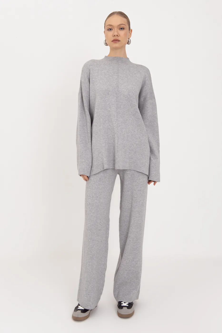 Bayan Gri Geniş Paça Örgü Pantolon