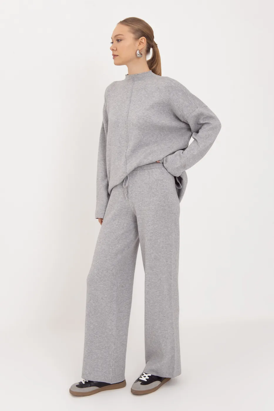 Bayan Gri Geniş Paça Örgü Pantolon