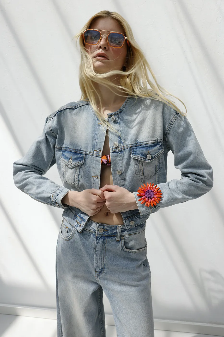 Bayan Mavi Yıkama Efektli  Denim Mont