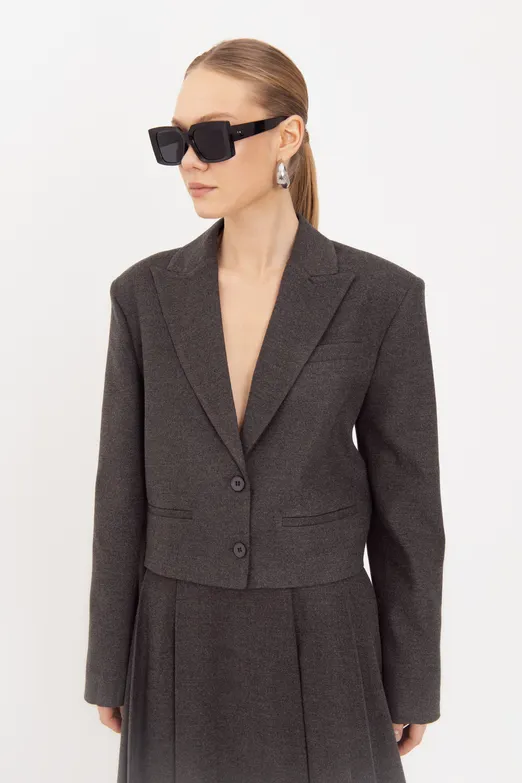 Bayan Gri Oversize Crop Blazer Ceket - BSL
