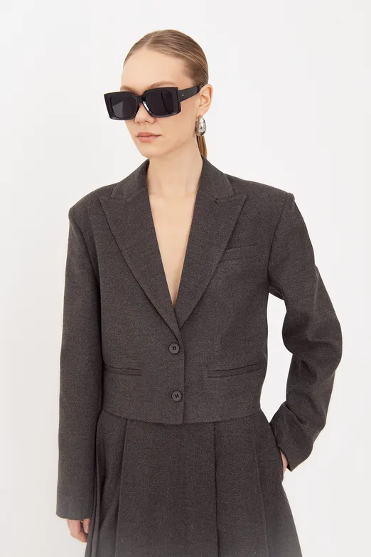 Bayan Gri Oversize Crop Blazer Ceket - BSL